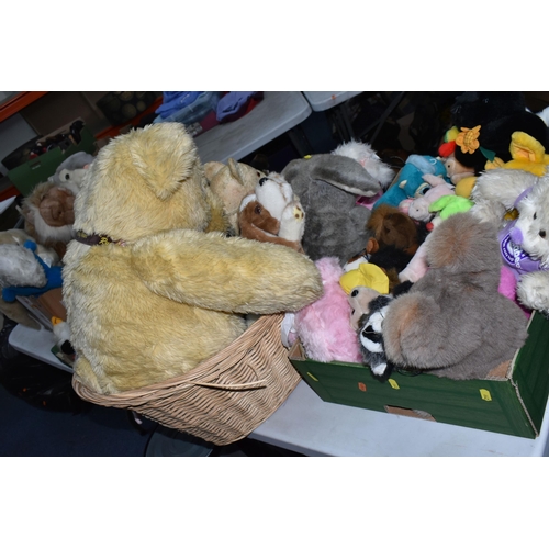 642 - FOUR BOXES/BASKET AND LOOSE VINTAGE SOFT TOYS, to include a Keele Toys Lion, a Smurf, original BBC P... 