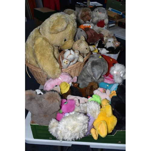 642 - FOUR BOXES/BASKET AND LOOSE VINTAGE SOFT TOYS, to include a Keele Toys Lion, a Smurf, original BBC P... 