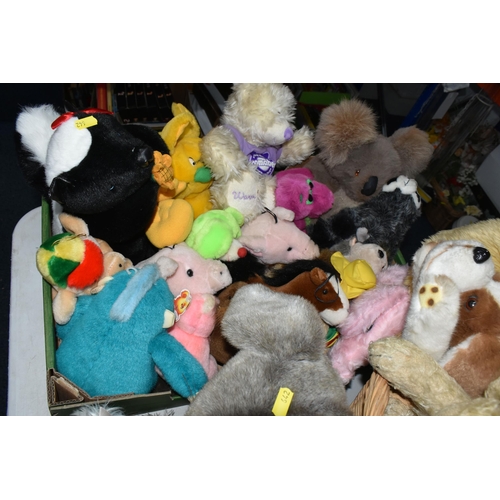 642 - FOUR BOXES/BASKET AND LOOSE VINTAGE SOFT TOYS, to include a Keele Toys Lion, a Smurf, original BBC P... 