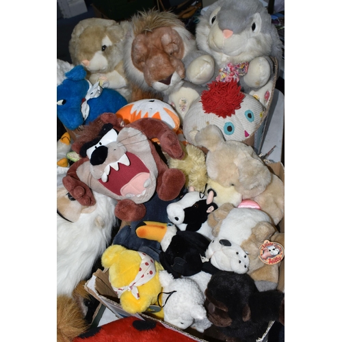 642 - FOUR BOXES/BASKET AND LOOSE VINTAGE SOFT TOYS, to include a Keele Toys Lion, a Smurf, original BBC P... 