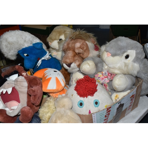 642 - FOUR BOXES/BASKET AND LOOSE VINTAGE SOFT TOYS, to include a Keele Toys Lion, a Smurf, original BBC P... 