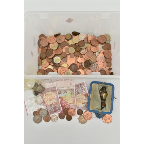 216 - A PLASTIC TUB CONTAINING MIXED COINS AND AMOUNTS OF SPANISH BANKNOTES ETC