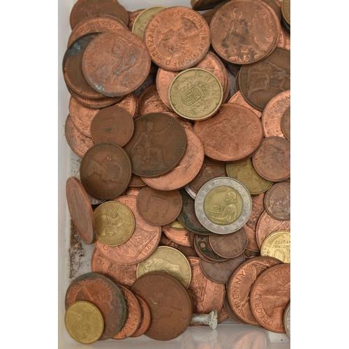 216 - A PLASTIC TUB CONTAINING MIXED COINS AND AMOUNTS OF SPANISH BANKNOTES ETC