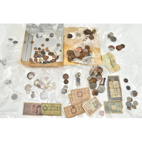 217 - A TIN CONTAINING MIXED WORLD COINS, to include 1890s Japan One Yen, Silver Rupee Hyderabad, 1900 LX1... 