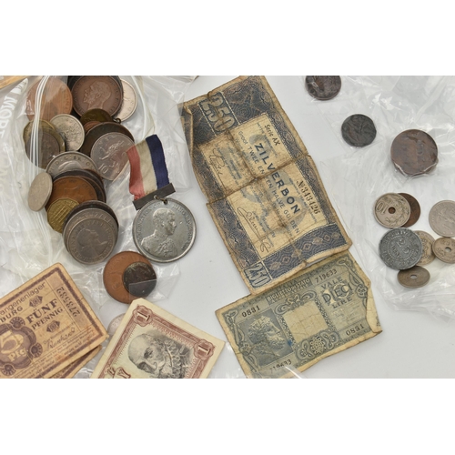 217 - A TIN CONTAINING MIXED WORLD COINS, to include 1890s Japan One Yen, Silver Rupee Hyderabad, 1900 LX1... 