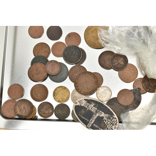 217 - A TIN CONTAINING MIXED WORLD COINS, to include 1890s Japan One Yen, Silver Rupee Hyderabad, 1900 LX1... 