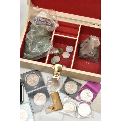 221 - TWO BOXES CONTAINING LOOSE COINS AND COMMEMORATIVES, to include a Royal Mint National Trust Medallio... 