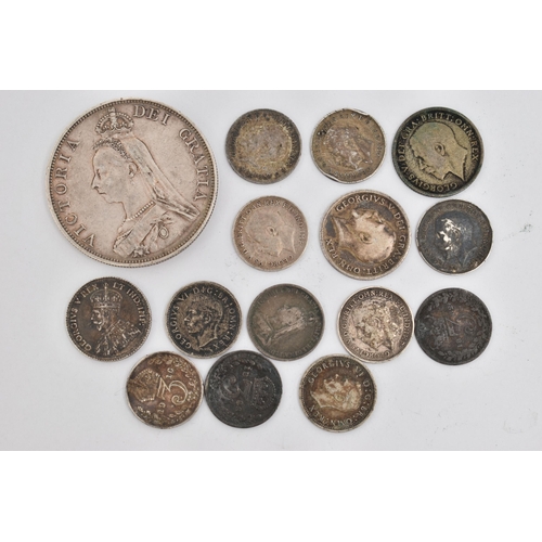 229 - A VICTORIA DOUBLE FLORIN AND ASSORTED SILVER COINS, Queen Victoria, double florin, dated 1889, appro... 