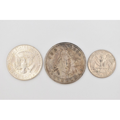 230 - THREE COINS, to include a 1990 American quarter dollar, an 1964 half dollar and a 1909 Filipinas (Ph... 