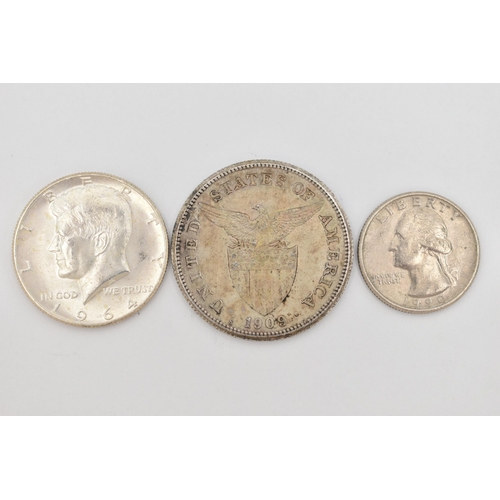 230 - THREE COINS, to include a 1990 American quarter dollar, an 1964 half dollar and a 1909 Filipinas (Ph... 