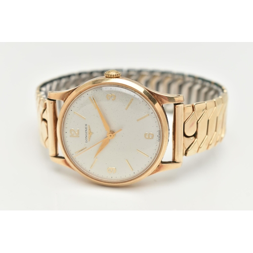 232 - A GENTS 9CT GOLD 'LONGINES' WRISTWATCH, manual wind, round silver dial signed 'Longines', Arabic qua... 