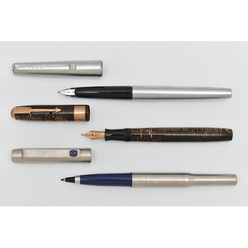 234 - THREE PENS, the first a 'Parker' fountain pen, fitted with a nib stamped 14k, 9ct gold collar to the... 