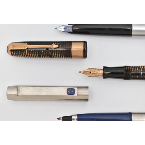 234 - THREE PENS, the first a 'Parker' fountain pen, fitted with a nib stamped 14k, 9ct gold collar to the... 