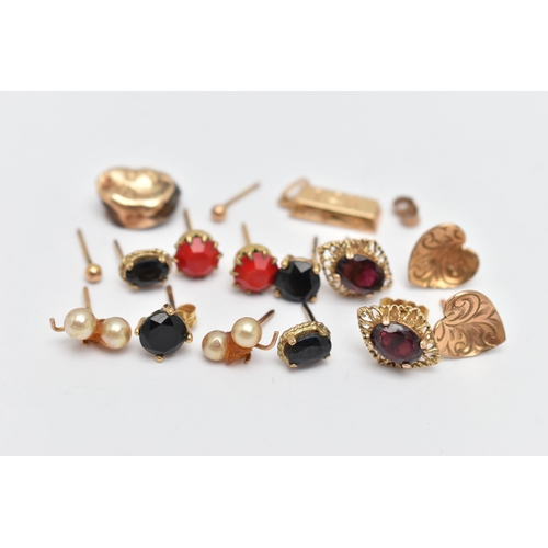 130 - ASSORTED EARRINGS AND A PENDANT, to include a pair of 9ct gold textured heart shape stud earrings, m... 