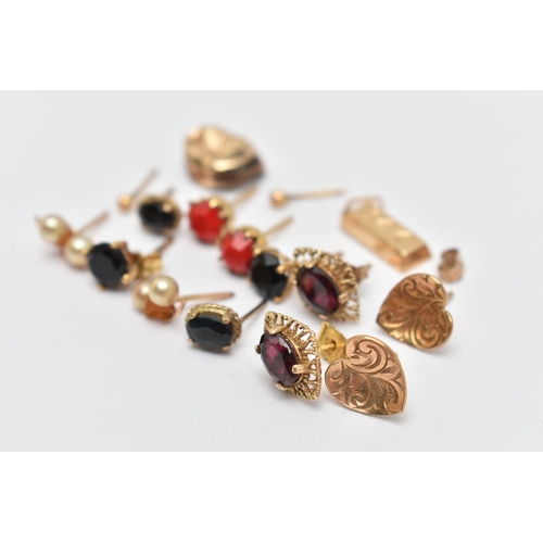 130 - ASSORTED EARRINGS AND A PENDANT, to include a pair of 9ct gold textured heart shape stud earrings, m... 