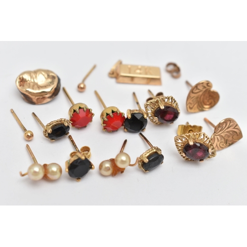 130 - ASSORTED EARRINGS AND A PENDANT, to include a pair of 9ct gold textured heart shape stud earrings, m... 