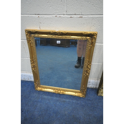 1204 - A RECTANGULAR GILT FRAMED BEVELLED EDGE WALL MIRROR, 75cm x 64cm, another bevelled edge mirror, alon... 