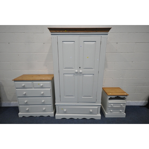 1205 - A PARTIALLY PAINTED PINE DOUBLE DOOR WARDROBE, with a single drawer, width 113cm x depth 53cm x heig... 