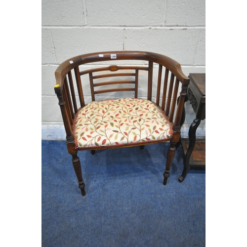 1209 - AN EDWARDIAN MAHOGANY AND INLAID ARMCHAIR, with beige and foliate upholstery, a hardwood lamp table,... 