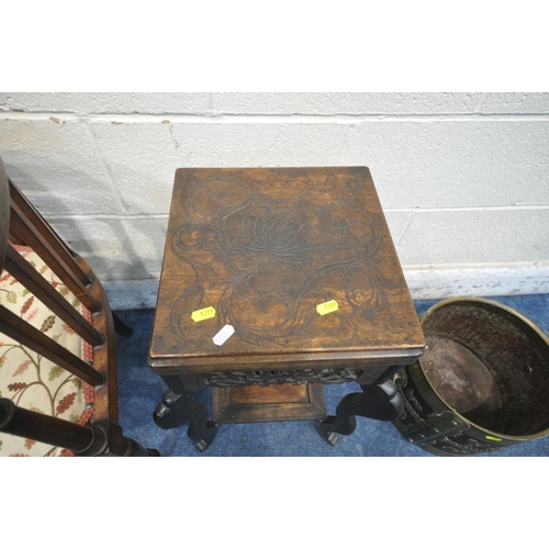 1209 - AN EDWARDIAN MAHOGANY AND INLAID ARMCHAIR, with beige and foliate upholstery, a hardwood lamp table,... 