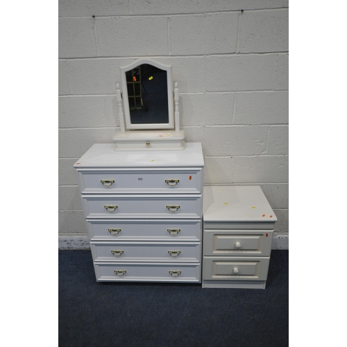 1213 - A WHITE CHEST OF FIVE DRAWERS, width 77cm x depth 42cm x height 97cm, a two drawer bedside chest and... 