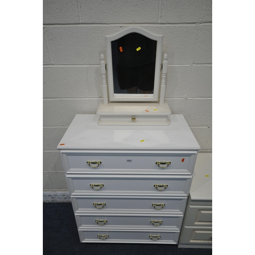 1213 - A WHITE CHEST OF FIVE DRAWERS, width 77cm x depth 42cm x height 97cm, a two drawer bedside chest and... 