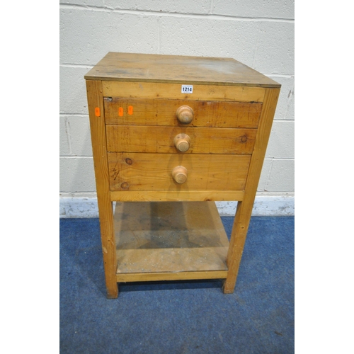 1214 - A 20TH CENTURY PINE THREE DRAWER CABINET, with an undershelf, width 55cm x depth 60cm x height 92cm ... 