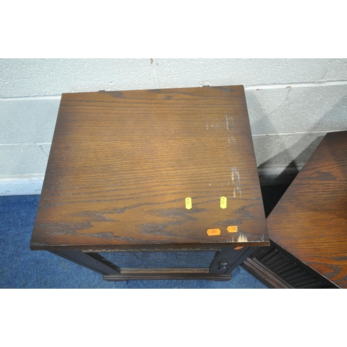 1216 - A PRIORY OAK TWO TIER DROP LEAF TEA TROLLEY, with a single drawer, a small drop leaf table, a lead g... 