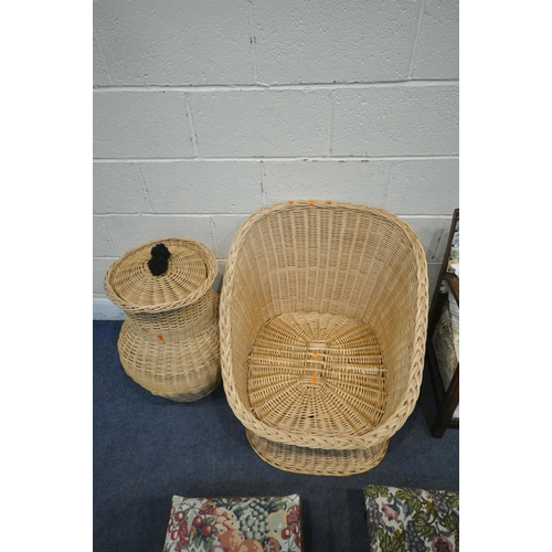 1218 - A DEEP RATTAN TUB CHAIR, a rattan basket with lid, an oak armchair and two stools (condition report:... 