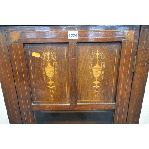 1224 - A VICTORIAN ROSEWOOD MUSIC CABINET, with a raised back, the single drawer with marquetry inlaid pane... 