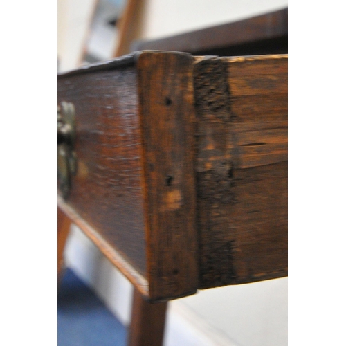 1225 - A 19TH CENTURY OAK PARQUETRY TOP SIDE TABLE, with a single frieze drawer, raised on square tapered l... 