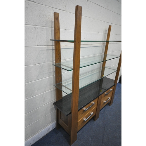 1228 - A 20TH CENTURY SOLID OAK DISPLAY STAND, with tapered uprights, three tempered glass shelves, a marbl... 