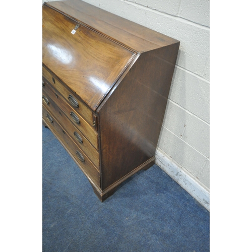 1232 - A GEORGIAN MAHOGANY BUREAU, the fall front door enclosing a fitted interior, above four drawers, on ... 