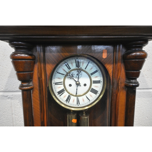 1234 - A LATE 19TH CENTURY REGULATOR WALL CLOCK, the arched glass door enclosing a brass and enamel 8 inch ... 