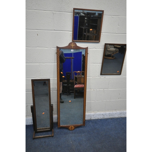 1235 - A MAHOGANY AND INLAID WALL MIRROR, 45cm x 140cm, a small oak cheval mirror, two other wall mirrors a... 