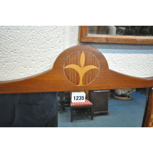 1235 - A MAHOGANY AND INLAID WALL MIRROR, 45cm x 140cm, a small oak cheval mirror, two other wall mirrors a... 