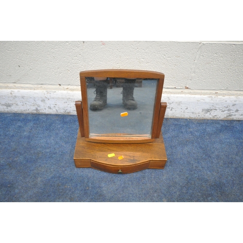 1235 - A MAHOGANY AND INLAID WALL MIRROR, 45cm x 140cm, a small oak cheval mirror, two other wall mirrors a... 