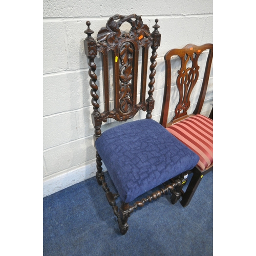 1236 - A 20TH CENTURY OAK CHAIR, with foliate details, barley twist supports, blue upholstery, on block and... 