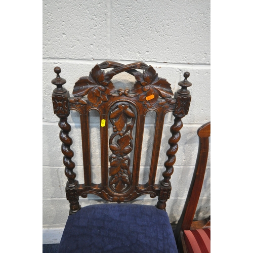 1236 - A 20TH CENTURY OAK CHAIR, with foliate details, barley twist supports, blue upholstery, on block and... 