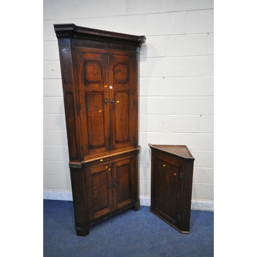 1237 - A LARGE GEORGIAN OAK CORNER CUPBOARD, with four cupboard doors, width 100cm x depth 62cm x height 21... 