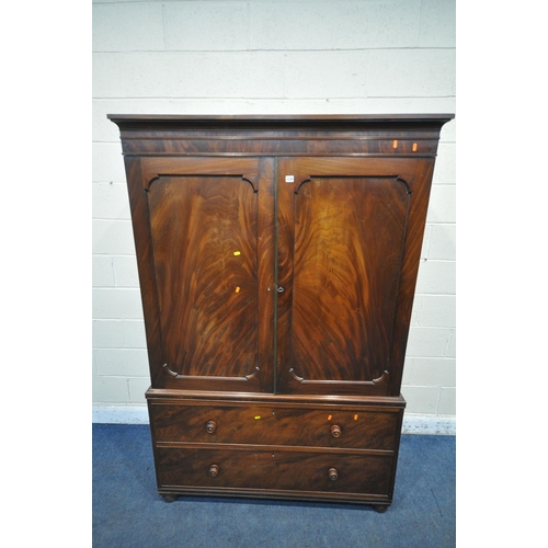 1239 - A 19TH CENTURY MAHOGANY LINEN PRESS, fitted with double cupboard doors, above two drawers, width 129... 