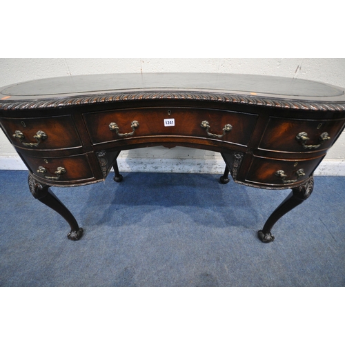 1241 - A 20TH CENTURY MAHOGANY KIDNEY SHAPED DESK, with blue leather writing surface, fitted with five draw... 