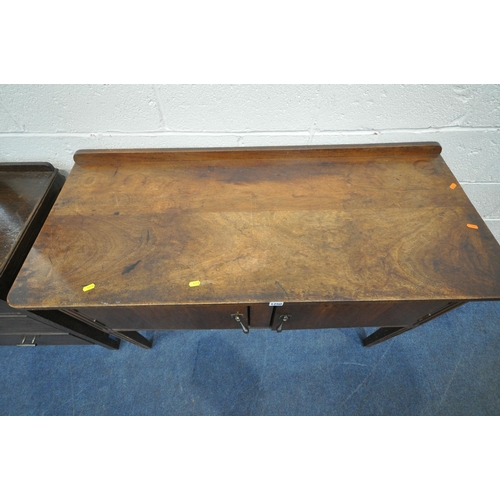 1250 - A 20TH CENTURY MAHOGANY SIDE TABLE, with two cupboard doors, width 120cm x depth 52cm x height 80cm,... 