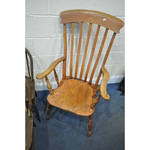 1254 - A 20TH CENTURY ELM SEATED FARMHOUSE STYLE ARMCHAIR, a pair of Ercol style prince of Wales chairs, a ... 