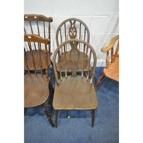 1254 - A 20TH CENTURY ELM SEATED FARMHOUSE STYLE ARMCHAIR, a pair of Ercol style prince of Wales chairs, a ... 