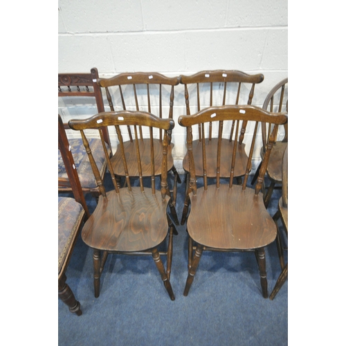 1254 - A 20TH CENTURY ELM SEATED FARMHOUSE STYLE ARMCHAIR, a pair of Ercol style prince of Wales chairs, a ... 