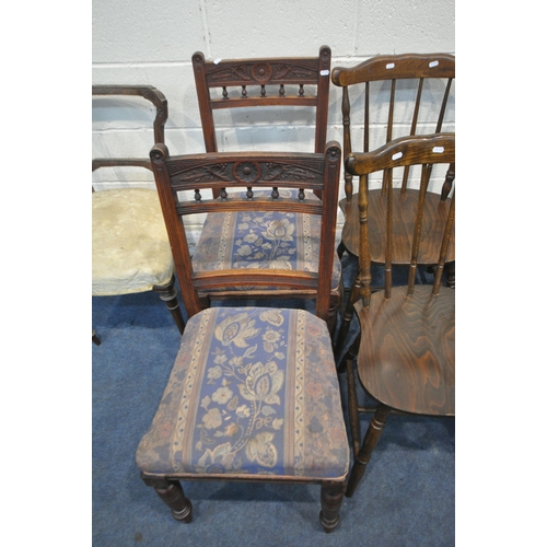 1254 - A 20TH CENTURY ELM SEATED FARMHOUSE STYLE ARMCHAIR, a pair of Ercol style prince of Wales chairs, a ... 