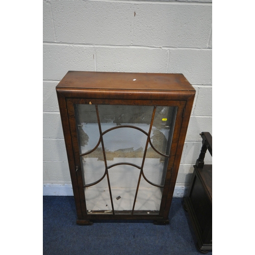 1256 - A 20TH CENTURY OAK MONKS BENCH, with a hinged storage compartment, a mahogany drop leaf sofa table a... 