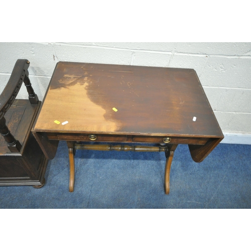 1256 - A 20TH CENTURY OAK MONKS BENCH, with a hinged storage compartment, a mahogany drop leaf sofa table a... 