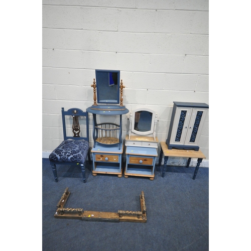 1257 - A SELECTION OF BLUE PAINTED FURNITURE, to include a chair, a pair of single drawer bedside cabinets,... 